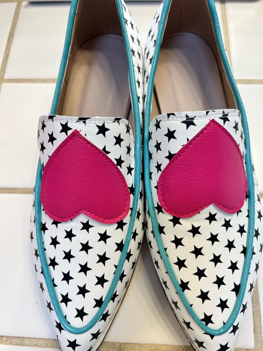 White Star-Print Flats with Fuchsia Heart Accent
